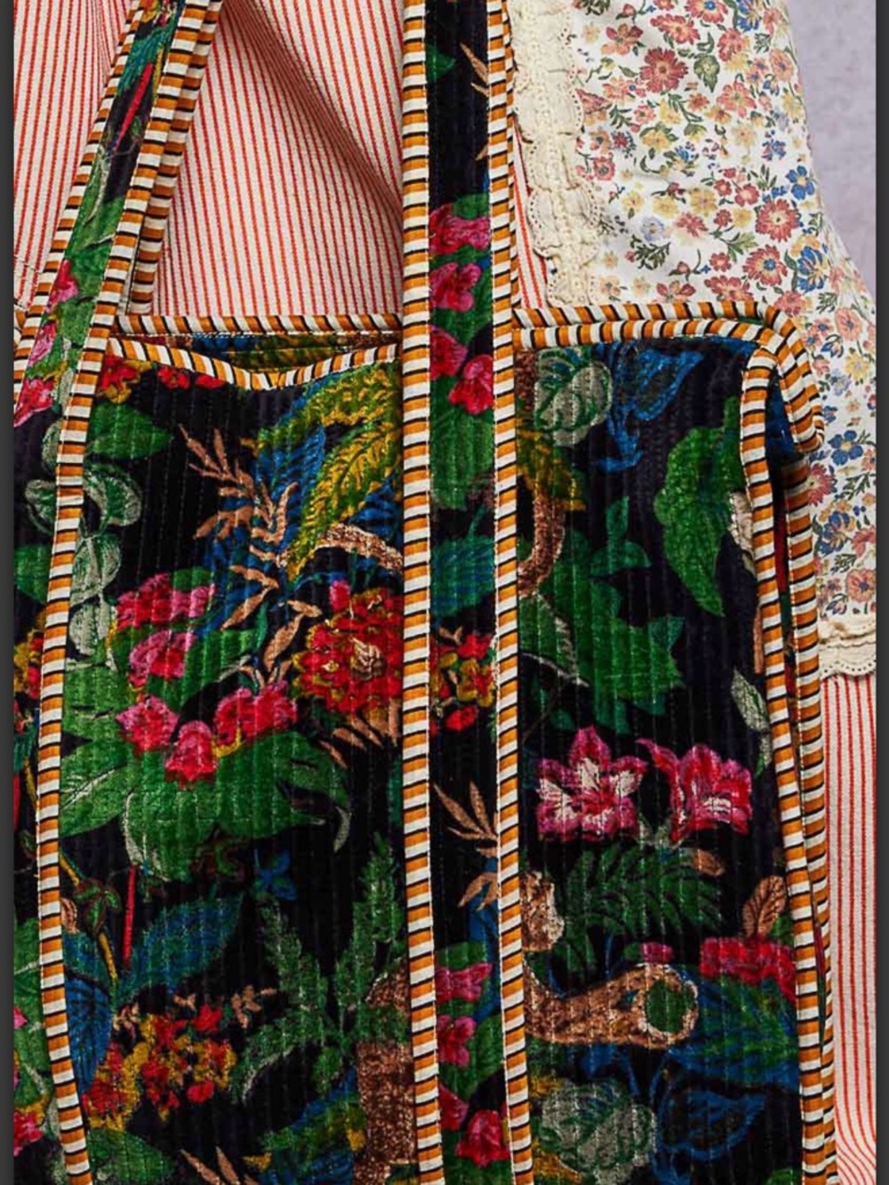 POL SMQP12 Floral Velvet Tote Bag with Striped Trim - Black Multi - Picture 6 of 10